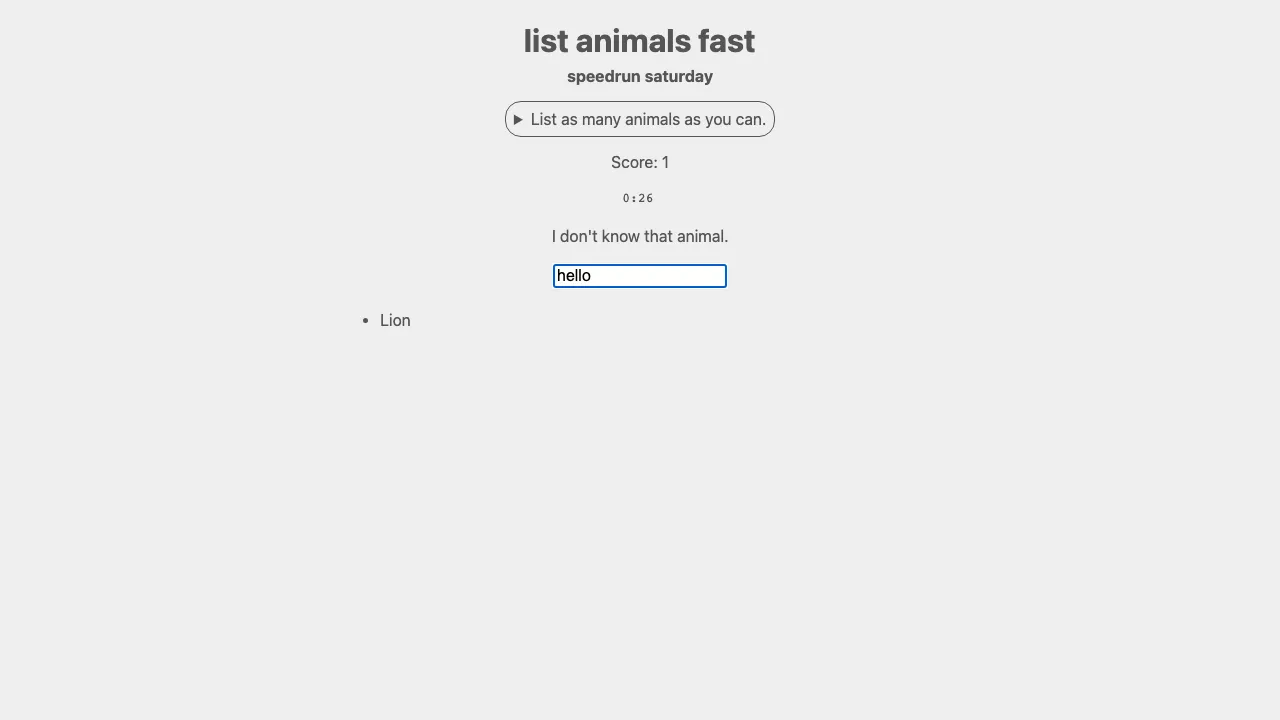 list animals until failure screenshot 2